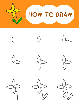 How to draw flower or flora cartoon step by step for learning, kid, education and coloring book. Vector illustrationのイラスト素材