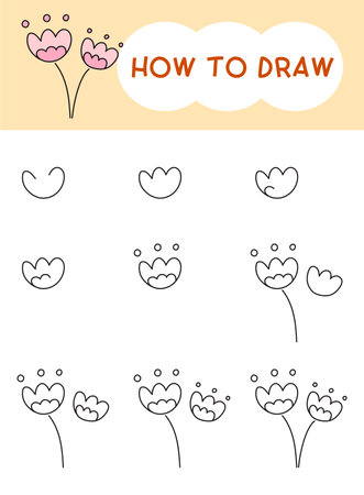 How to draw flower or flora cartoon step by step for learning, kid, education and coloring book. Vector illustrationのイラスト素材