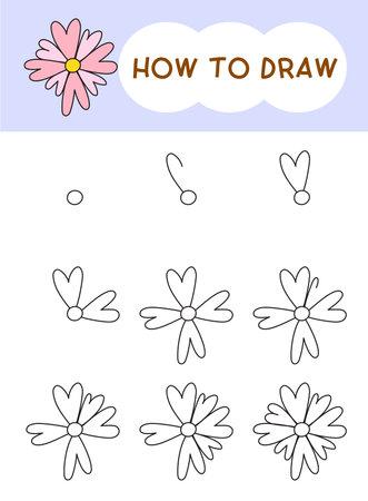 How to draw flower or flora cartoon step by step for learning, kid, education and coloring book. Vector illustrationのイラスト素材