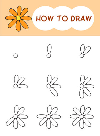 How to draw flower or flora cartoon step by step for learning, kid, education and coloring book. Vector illustrationのイラスト素材