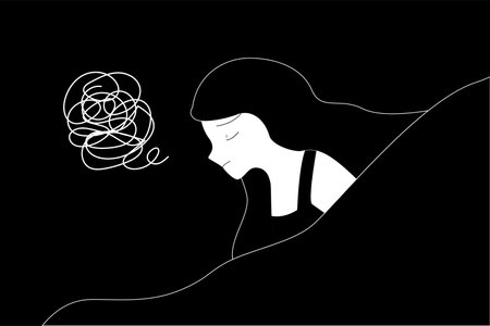 Woman or girl on the bed can not sleep. insomnia and sleeplessness concept for illustrationのイラスト素材