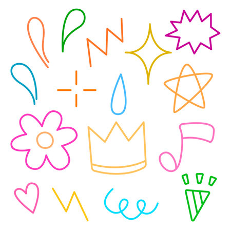 Doodle and abstract hand drawn cartoon with colorful line for illustration, kid. Element of sun flower star music partyのイラスト素材