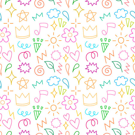 Doodle and abstract hand drawn cartoon with colorful line for illustration, kid. Element of sun flower star music partyのイラスト素材