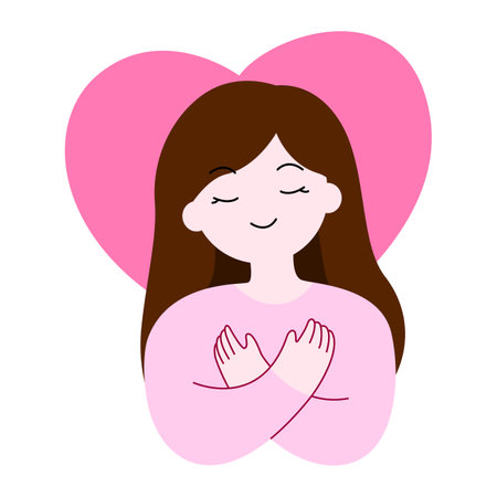 Woman or girl hug herself cartoon. Mental health and love yourself concept for medical, healthy, element and illustrationのイラスト素材