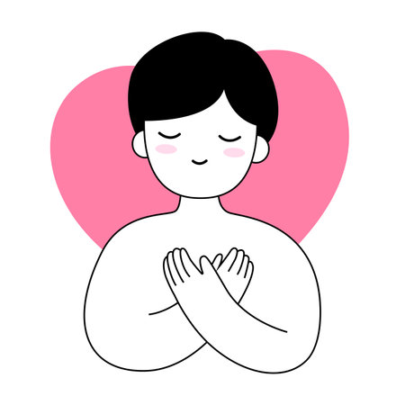 Man or boy hug himself cartoon. Mental health and love yourself concept for medical, healthy, element and illustrationのイラスト素材