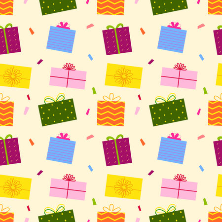 Gift box with ribbon cartoon design seamless pattern background for wrapping, illustration, festive, christmas and New Yearのイラスト素材