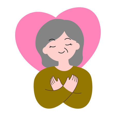 Old woman or Senior woman hug herself cartoon. Mental health and love yourself concept for medical, healthy, element and illustrationのイラスト素材