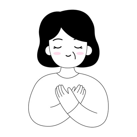 Old woman or senior woman hug herself cartoon. Mental health and love yourself concept for medical, healthy, element and illustrationのイラスト素材