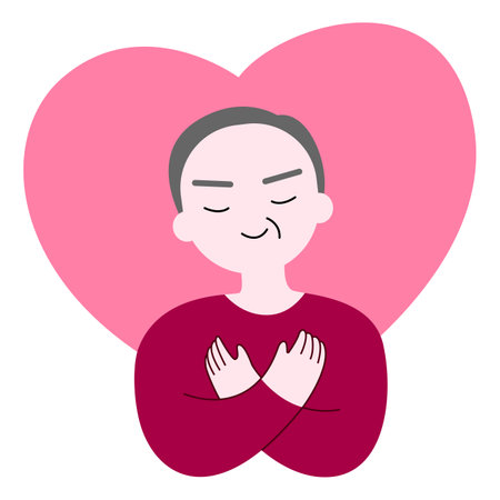 Old man or  senior man hug himself cartoon. Mental health and love yourself concept for medical, healthy, element and illustrationのイラスト素材