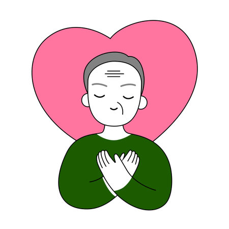 Old man or  senior man hug himself cartoon. Mental health and love yourself concept for medical, healthy, element and illustrationのイラスト素材