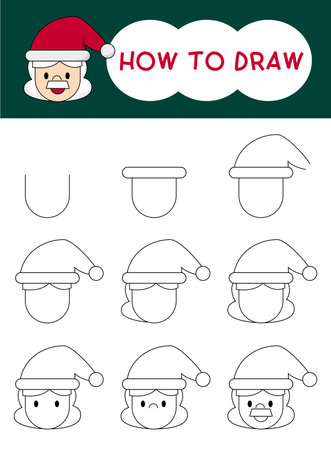 How to draw Santa Claus face cartoon step by step for learning, kid, education and coloring book. Vector illustrationのイラスト素材