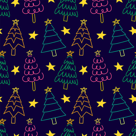 Abstract Christmas tree cartoon doodle hand drawn with different shapes seamless pattern background for wrapping and wallpaperのイラスト素材