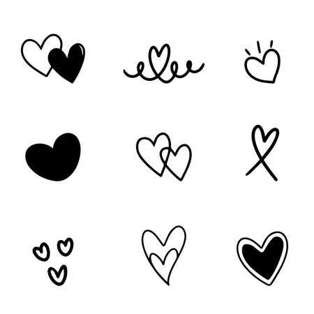 Heart or love doodle hand drawn with black line for element, illustration, valentine, lover and celebration. Different shapesのイラスト素材