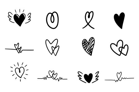 Heart or love doodle cartoon hand drawn with black and different shapes for element, illustration, valentine, lover and celebrationのイラスト素材