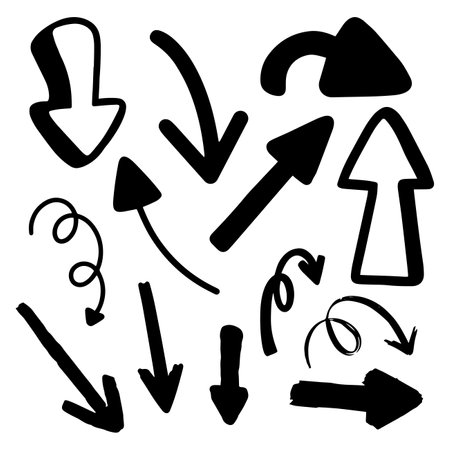 Direction and arrows hand drawn with stroke for element, icon and illustration. Black and whiteのイラスト素材
