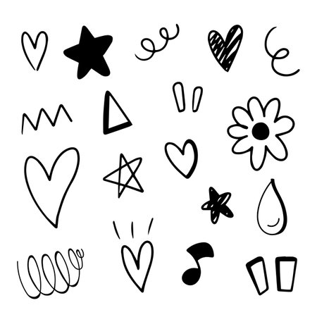 Doodle hand drawn with black line. Element of star, heart, roll and music. Black and whiteのイラスト素材