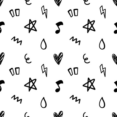 Doodle hand drawn with black line. Element of star, heart and music seamless pattern background. Black and whiteのイラスト素材