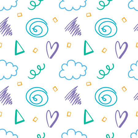 Doodle hand drawn with colorful elements of cloud, heart and triangle in seamless pattern backgroundのイラスト素材