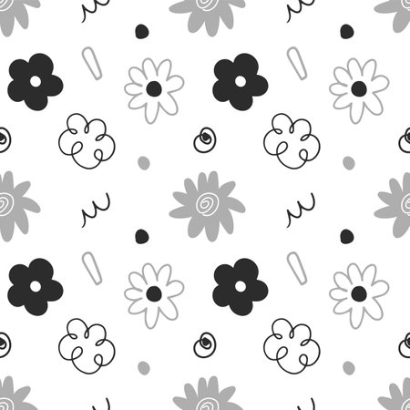 Doodle hand drawn with grayscale seamless pattern background. Element of flower or floral for wrappingのイラスト素材