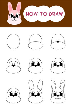How to draw rabbit face cartoon step by step for learning, easter egg, kid, education and coloring bookのイラスト素材