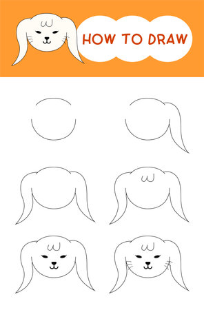How to draw cute rabbit face cartoon step by step for learning, easter egg, kid, education and coloring bookのイラスト素材