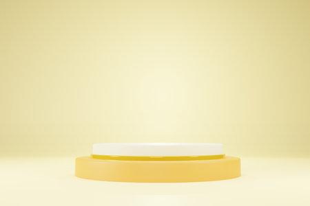 3D Rendering podium yellow backdrop. Blank product shelf standing backdropの写真素材