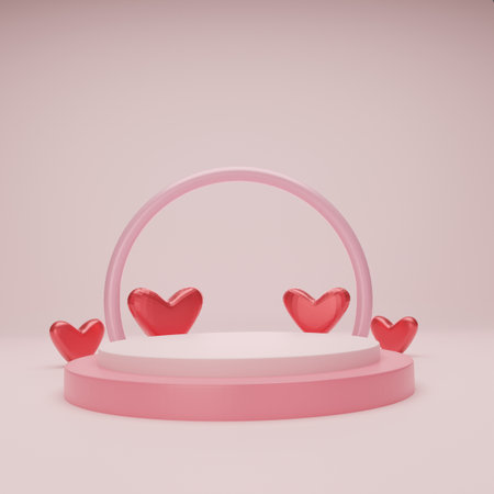 3D Rendering podium pink color backdrop for ceremony and valentine. Blank product shelf standing backdropの写真素材