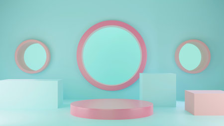 3D Rendering cylinder cube stage with colorful for studio, product and displayの写真素材