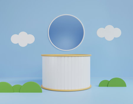 3D Rendering cylinder with blue background in studio for promotion, product and display. Toy and kids conceptの写真素材