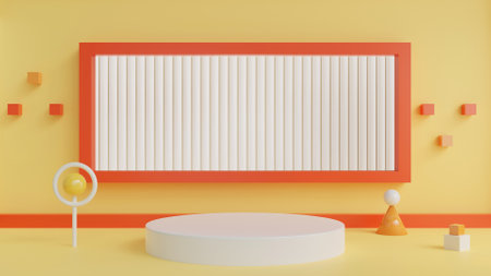 3D Rendering cylinder with yellow background in studio for promotion, product and display. Toy, student and kids conceptの写真素材
