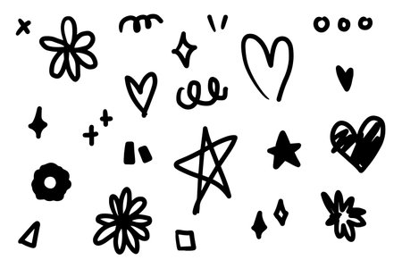 Doodle abstract hand drawn with black. Star, heart, sparkle and flower for element and illustrationのイラスト素材
