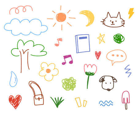 Doodle hand drawn. star, tree, heart, sun, note, cat, dog and music cartoonのイラスト素材