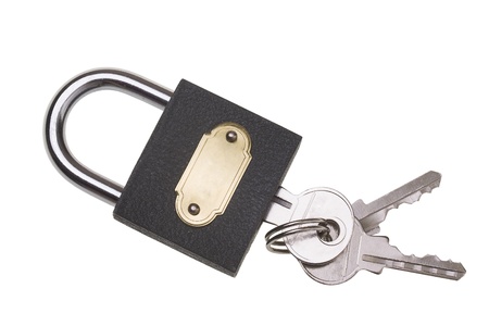 Metallic padlock with gold plate and key on white background 