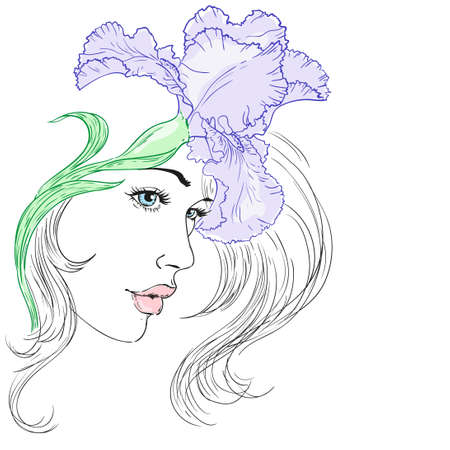 woman with long hair and flower. Illustration. Stylish fashion linear illustration. Beauty Salon design background. Health and spa cosmeticsのイラスト素材