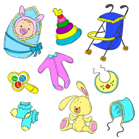 Set for newborn boy. Baby, stroller, rattle, cap, socks, toddlers, toy, pyramidのイラスト素材