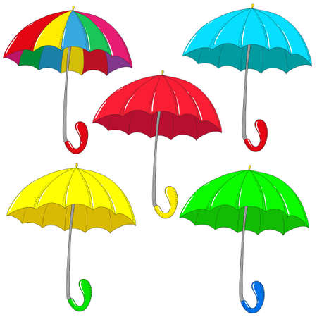 Set umbrellas. Blue, yellow, red, green, iridescent. Vectorのイラスト素材