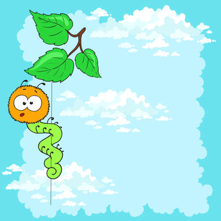 Cartoon caterpillar on leaves, cloudy sky. Postcard vector. Space for text.のイラスト素材