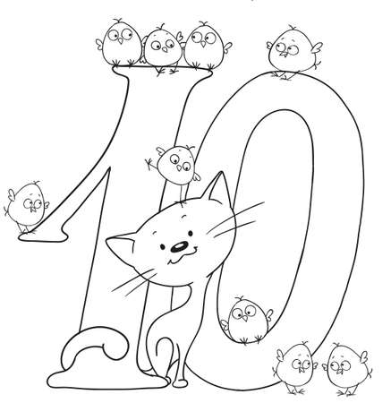 Number ten. Cute cartoon animals. Numbers and animals. Chicken and kitten. Funny figurines to paint. Vector doodle isolated on white backgroundのイラスト素材