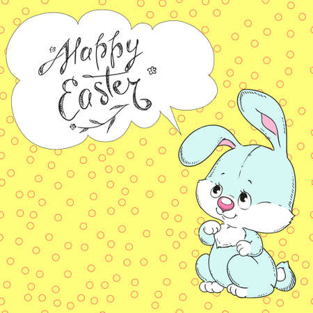 Happy easter. Greeting card with cute rabbit on a yellow background. Template for congratulations. Vector.のイラスト素材