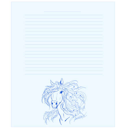 Diary page template. Notepad page. A horse with flowers in the mane. Diary page. Drawing a horse.のイラスト素材