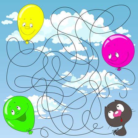 Help the kitten find his balloon. Labyrinth for children. Educational games Find the path. Vector illustration.のイラスト素材