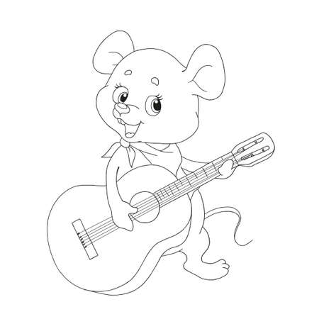 Cute cartoon character little mouse. Cheerful musician. Little mouse guitarist. Vector illustration on white background. Contour for coloring-books. Page for children's creativity.のイラスト素材