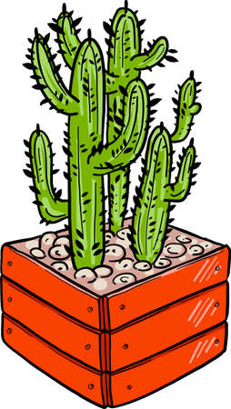 Cartoon cactus in a wooden pot. Vector illustration on a white background. Bright picture.のイラスト素材