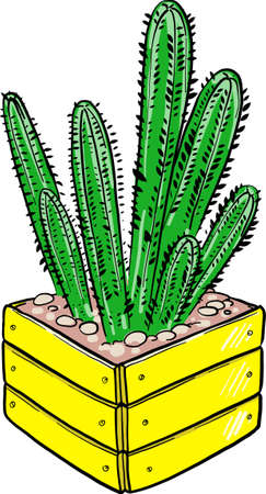 Cartoon cactus in a wooden pot. Vector illustration on a white background. Bright picture.のイラスト素材