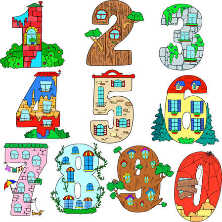 Collection of decorative numbers. Count the windows. Learning the numbers. Educational cards. Vector isolated on white background.のイラスト素材