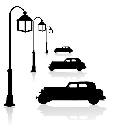 Black car silhouettes with shadows and street lightsの写真素材