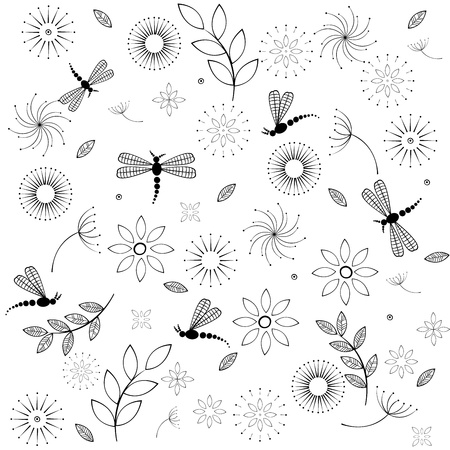 Background with flowers and dragonfliesのイラスト素材