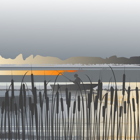 Landscape with river and fishermanのイラスト素材