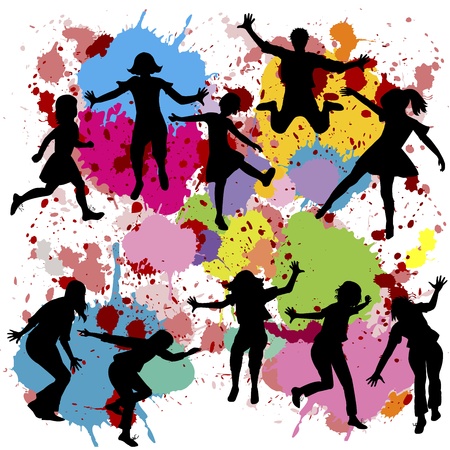 Black children silhouettes on ink splashes backgroundのイラスト素材