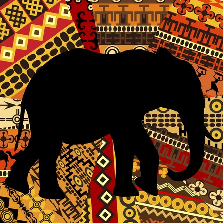 Elephant silhouette on ethnic textures backgroundのイラスト素材